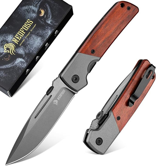 NedFoss DA52 Pocket Knife for Men, 3.5" Compact EDC Knife, Lightweight Camping Folding Knife with Clip, Rosewood Handle with Aluminium Bolster, Liner Lock