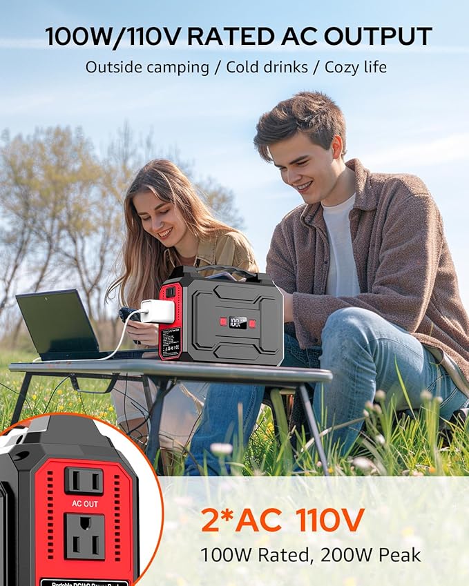 Portable Power Station Bank 146Wh 200W Peak(100W Rated), Solar Powered Power Bank with AC Outlet 110V for Camping, Solar Charger Power Bank Battery Pack 39600mAh for Home Outdoor Emergency