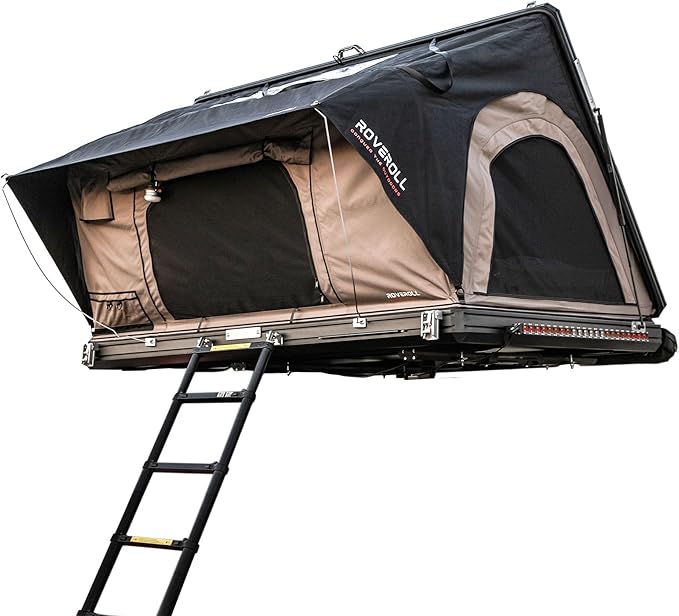Hardshell Rooftop Tent, Roof Top Tent for 2-3, with Aluminium Ladder, Skyview Window, Mattress, LED Light, Blackout-Coated for UV Protection, Waterproof, for Truck, Jeep, SUV, Van