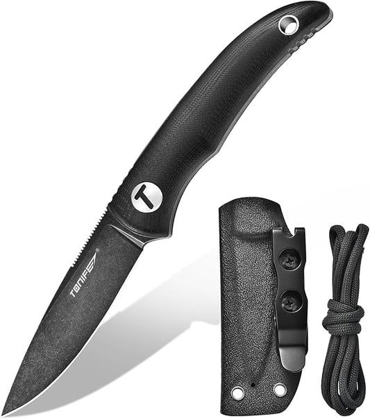 TONIFE Nova 2.68'' Blade Mini Neck Knife Full Tang Fixed Blade Knife with Kydex Sheath and Adjustable Paracord Lanyard for Camping Outdoor Survival Tool (Black+Black Oxide then Stonewash)