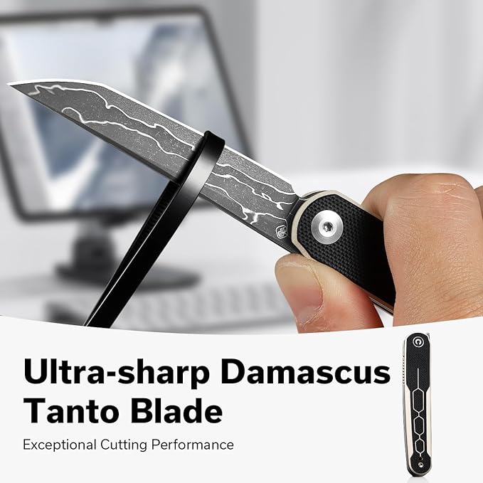 CIVIVI KwaiQ Pocket Knife, Folding Knife with Inline Flipper for EDC, 2.97" Damascus Tanto Blade Two-tone G10 Handle for Women Men C23015-DS1