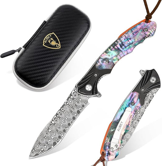 AUBEY Damascus Pocket Knife for Women Men, 3.43" VG10 Damascus Steel Blade Knife with Clip, EDC Folding Knives with Abalone Shell Handle, Gift for Camping Outdoor Hunting Hiking Collection