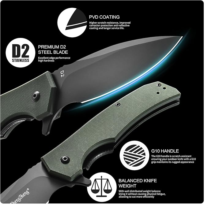 Praxis Folding Pocket Knife, 3.6" PVD Titanium Coating D2 Steel Blade Foldable Knife with G10 Handle Lightweight Camping Survival Hiking Knives