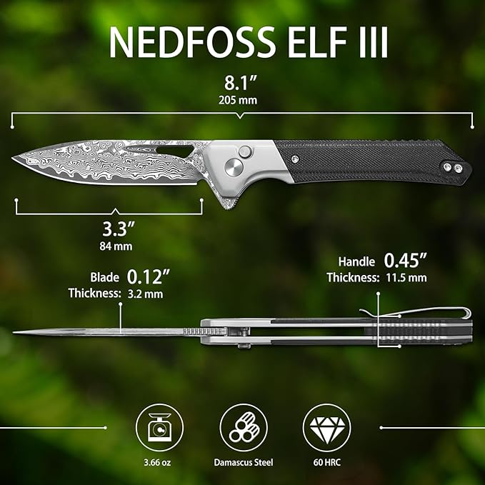 NedFoss ELF Damascus Pocket Knife for Men, 3.3" Button Lock EDC Folding Knife with G10 Handle, Flipper Open, Reversible Deep Carry Pocket Clip, Lightweight Slim Utility Cool Knives for Women