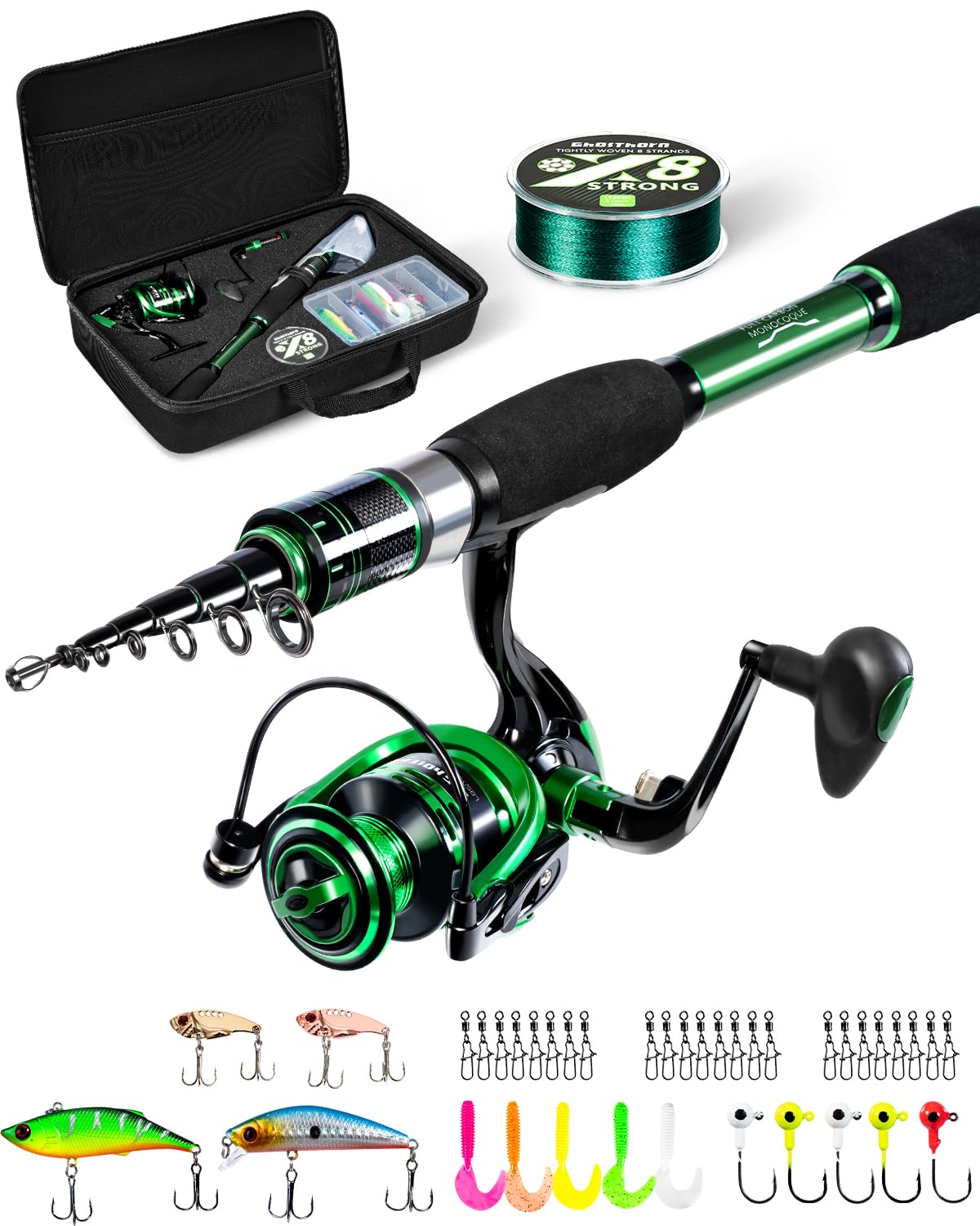 Ghosthorn Telescopic Fishing Rod and Reel Combo,5PCS Fishing Spinning Kit