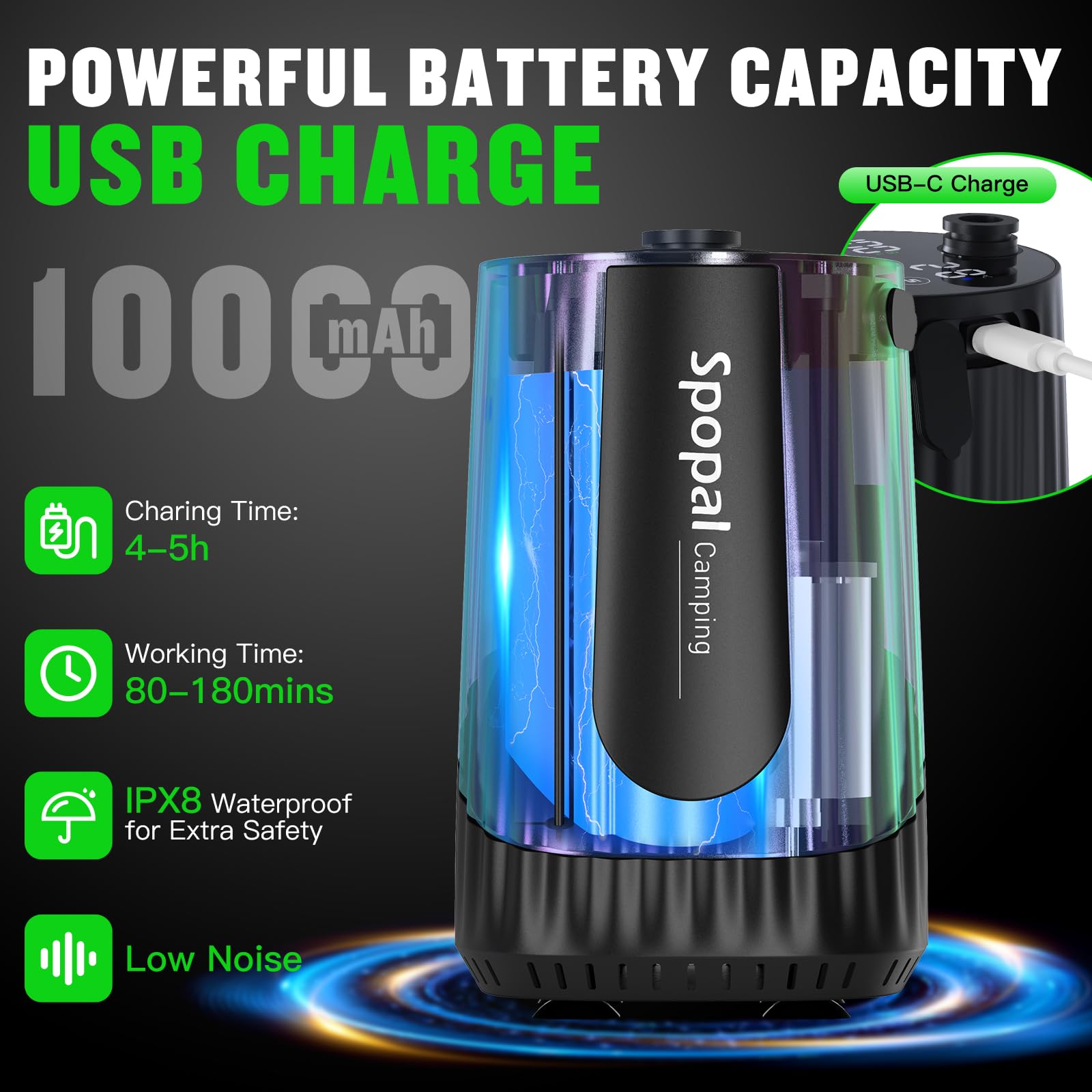 Spopal Portable Shower for Camping, [Upgraded] 10000mAh Rechargeable- Black