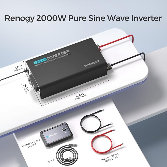 Renogy Inverter PUH, 2000W Pure Sine Wave Power Inverter with UPS Transfer Switch & Bluetooth, 12V DC to 120V AC Converter for RV, Truck, Home,Camping - 4000W Surge Power, Remote Monitoring