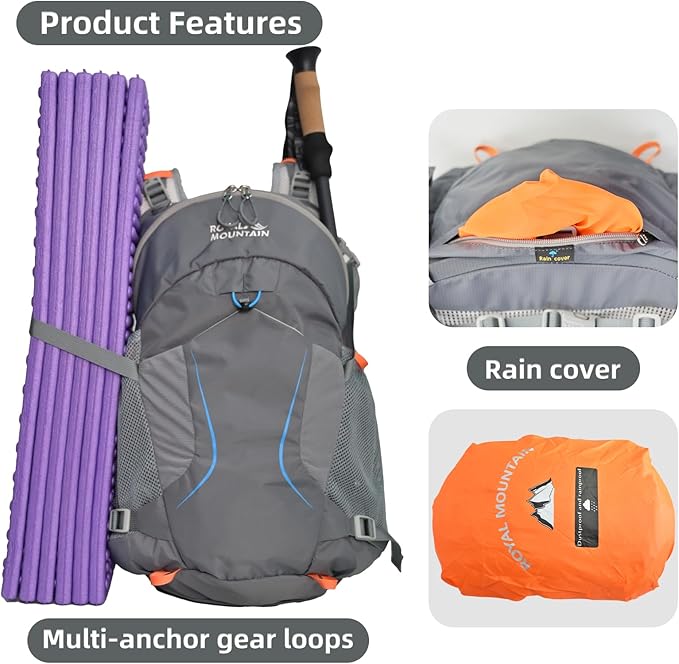 30L Hiking Backpack Lightweight Waterproof and Durable Backpack with Ventilated Sweat-Wicking Internal Frame Daypack for Men and Women Camping Travel and Outdoor Adventures,Grey