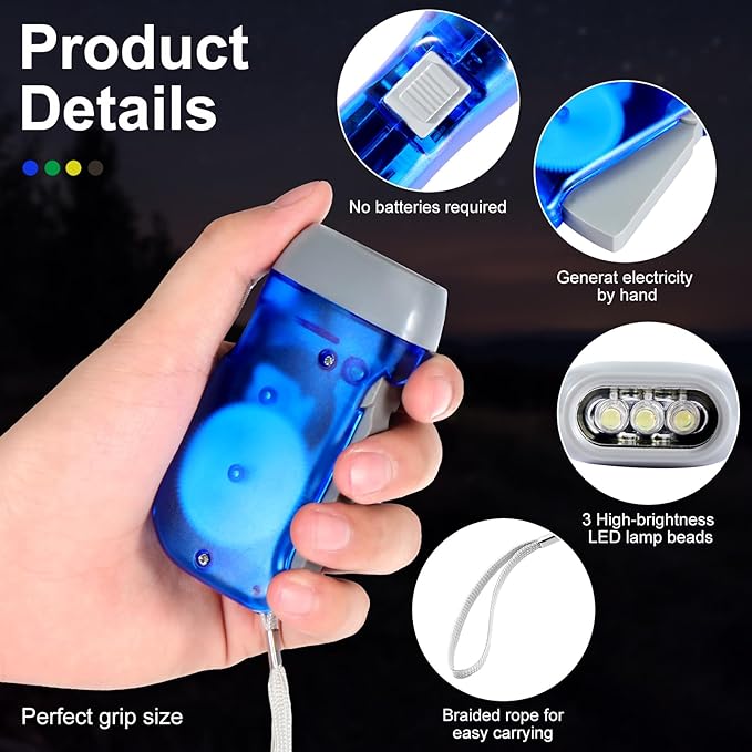 Treela 60 Pack Hand Crank Flashlight Operation Christmas Items Bulk Squeeze Flashlight No Battery Required Torchlight 3 LED Self Powered Charging(Blue, Grey, Yellow, Green)