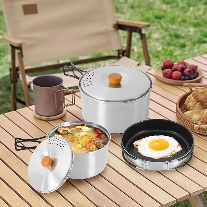 Camping Cookware Set, Camping Cooking Set,304 Stainless Steel Camping Pots &Frying Pan Set,Campfire Cooking Equipment with Storage Bag for Camping,Household, Hiking, Beach Trips