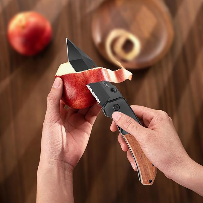 Vickay Pocket Knife, Folding Knife with Clip - 3.54??Black Serrated Steel Blade, Wood Handle EDC Knife for Men & Women, Outdoor Camping, Tactical, Hunting, Hiking, Survival - Father?™s Day Gift