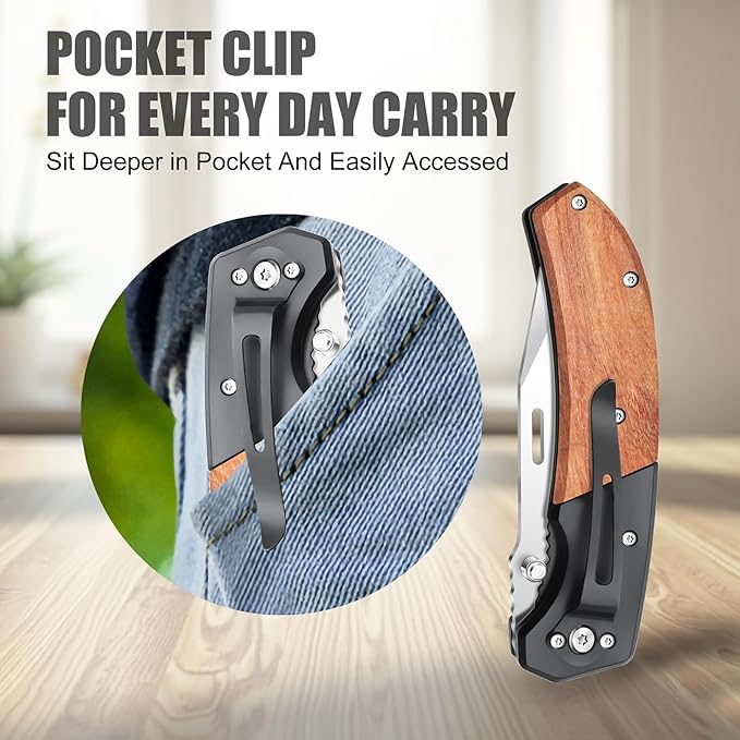 Vickay Pocket Knife, Folding Knife with Clip - 3.54″ Tanto Serrated Blade, Wood Handle EDC Knife for Men & Women, Outdoor Camping, Tactical, Hiking, Survival - Father’s Day Gift (Satin Silver)