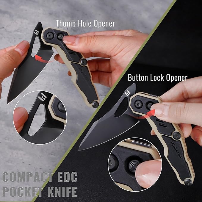 Hightron Spectron Folding Pocket Knife, 3.05" M390 Steel Blade and Nylon Fiber Handle, Sharp EDC Knives with Pocket Clip for Camping Survival Hiking Unisex Black&Khaki