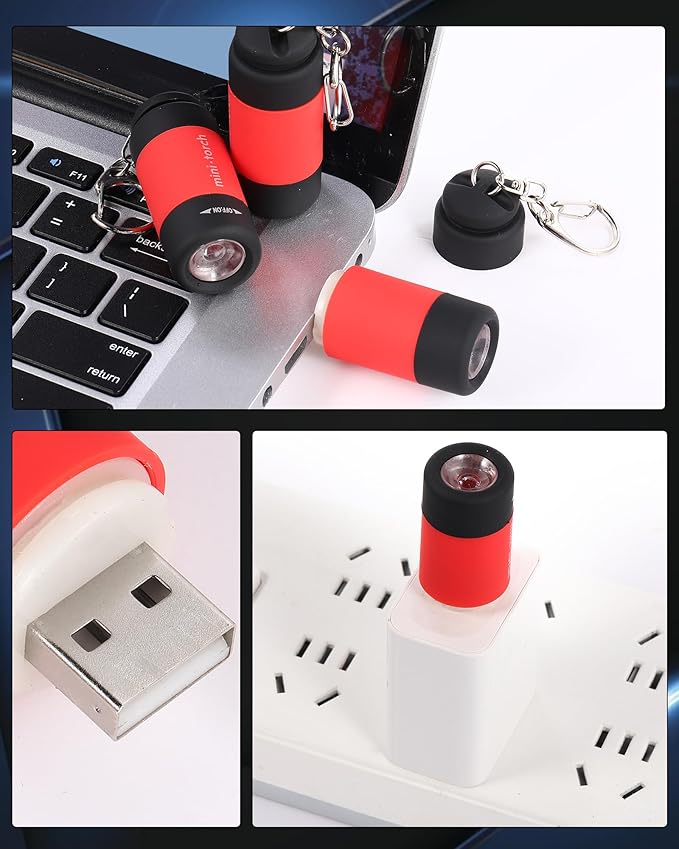 Mudder 12 Pieces Mini Keychain Flashlight Rechargeable Operation Christmas Bulk Plastic Small Torch Flashlight Handheld LED USB Rechargeable Waterproof for Camping Hiking Favor(White Light in Red)
