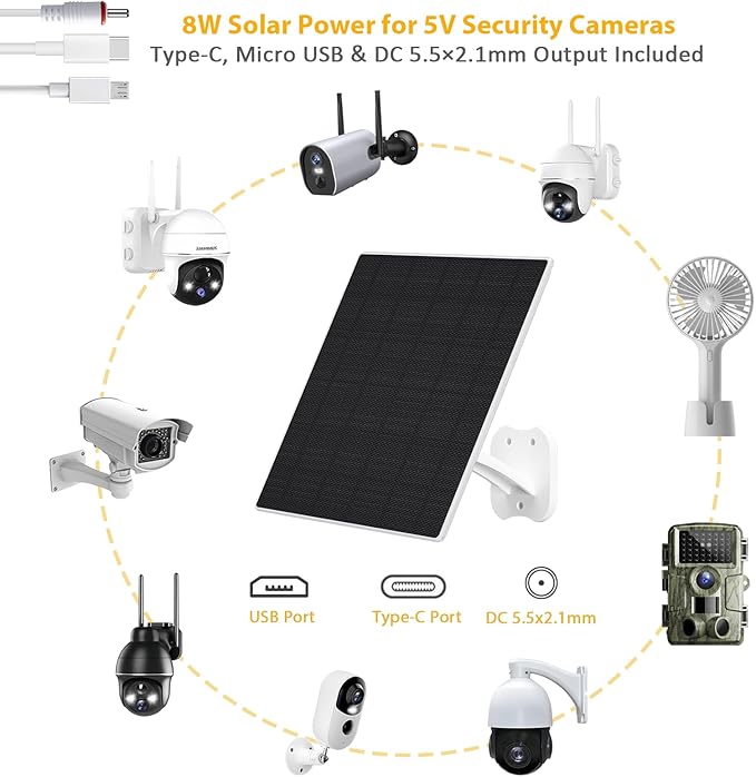 Zivif 8W Solar Panel for Security Cameras, Solar Panel Charger Camera with USB-C Cable, DC 5.5x2.1mm & Micro USB Port, IP66 Waterproof with Adjustable Mount, 7.2FT Cable