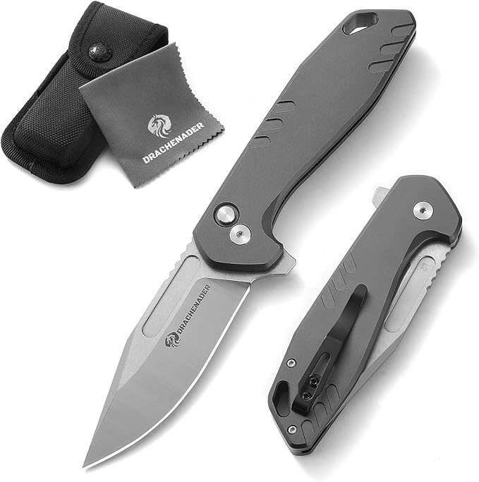 Button Lock Pocket Knife with Nylon-Sheath (Horizontal and Vertical Carry), B-FENG Pocket Knife for Men with Aluminum Handle, Clip, D2 Stainless Steel, for Camping (Gray)