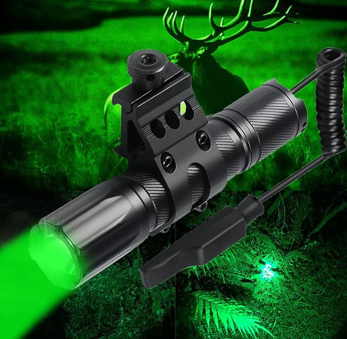 ULTRAFIRE Hunting Green Flashlight - 382 Yards Green Light Predator Light 520nm-540nm Green Tactical Flashlight with Picatinny Rail Mount and Pressure Switch Kit for Hogs,Coyotes, Varmints