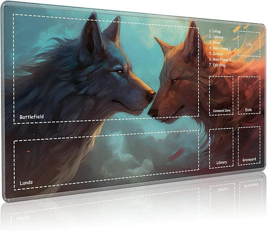 Playmat for MTG with Zones, 24 x 14 inches Game Play Mat for MTG TCG, Trading Card Game Play Mat Desk Mats with Stitched Edges Non-Slip Base, Two Wolfs