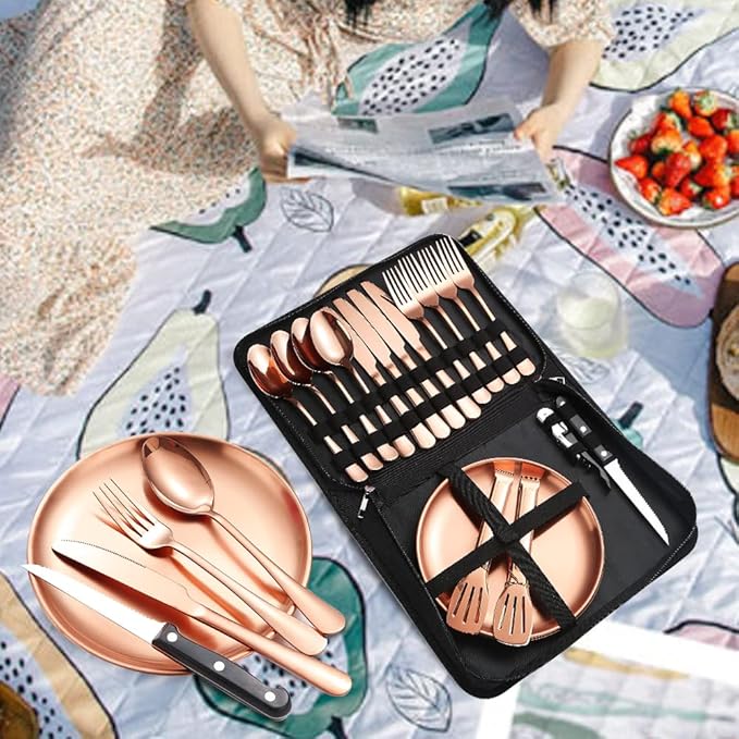 Picnic Tableware Set Camping Flatware Copper/Rose Gold Silverware and Plates Kit for 4 Portable Utensils Stainless Steel Dishes Spoons Forks Knives Bottle Opener Food Tongs