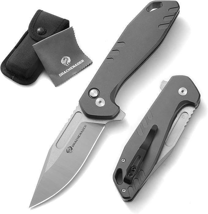 Button Lock Pocket Knife with Nylon-Sheath (Horizontal and Vertical Carry), B-FENG Pocket Knife for Men with Aluminum Handle, Clip, D2 Stainless Steel, for Camping (Gray)