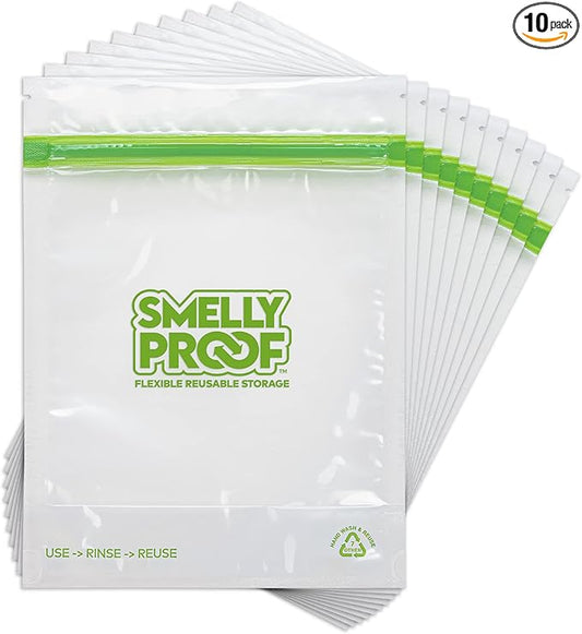 Smelly Proof 10 x Expandable Stand & Fill REUSABLE Storage Bags for Food Designed & Mfg in US, BPA FREE, NO PEVA, Reusable Sandwich Bags, Dishwasher-Safe, Clear 3 mils STAND UP 6.5" x 7.5" - 10pk