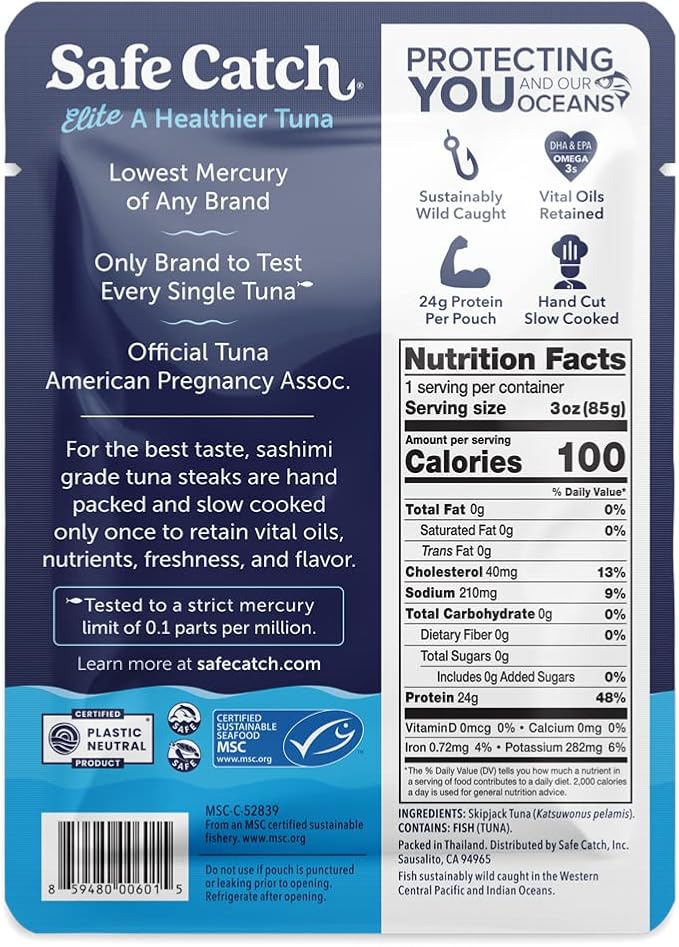 Safe Catch Elite Tuna Wild-Caught Lowest Mercury Tuna Fish Pouch Gluten-Free Keto Food Non-GMO Kosher Paleo-Friendly High Protein Snack, No Water Oil Tuna, Pack of 12 Tuna Pouches 3oz