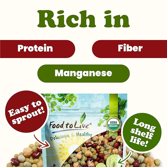 Food to Live Organic Crunchy Mix of Sprouting Beans, 20 Pounds - Non-GMO, Kosher, Non-Irradiated, Vegan, Raw, Dried, Bulk - Organic Green Peas, Adzuki, Lentil, Garbanzo