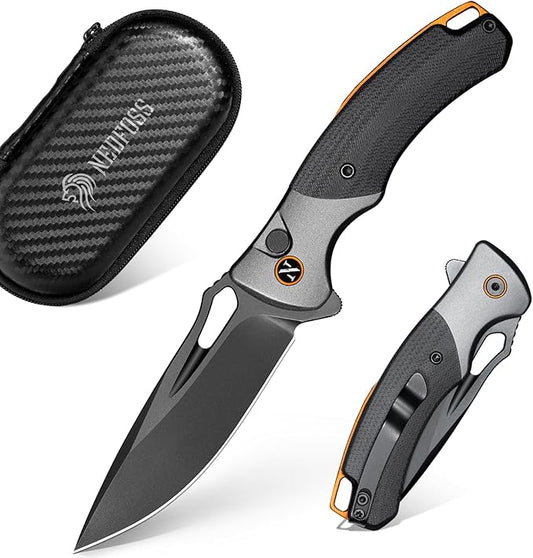 NedFoss Heron Pocket Knife for Men, 2.95" Japanese VG10 Steel Blade Button Lock EDC Knife with Lightweight G10 Handle w/Aluminum Bolster, Folding Utility Knife for Camping, Hunting, Survival Use