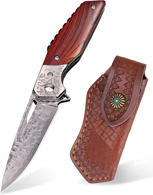 Damascus Pocket Knife For Men,EDC Red Sandalwood Handle Small Folding Knife For Hunting Camping Outdoor Hiking With Sheath