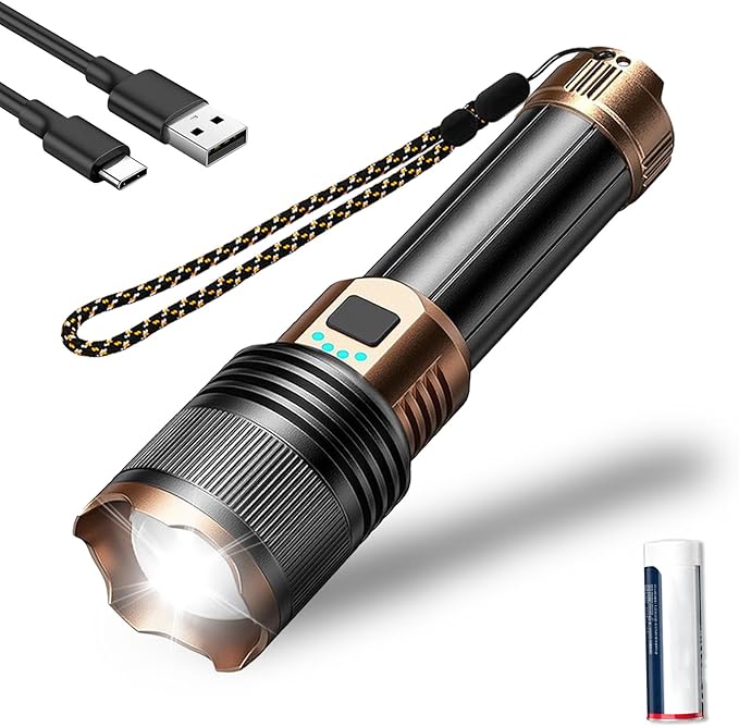 Gloryboom Flashlight, Rechargeable 1097 Flashlight Strong Light, Ultra Bright Long-Range Portable Ultra Long Endurance Lighting Flashlights for Outdoor Camping Hiking Emergencies (Gold)