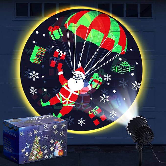 Christmas Projector Light with 1 Film Slides Holiday LED Santa Coming Projector Lights Outdoor Reflectors Waterproof Landscape Decorative Rotation Lighting Movement Projection Lamp for Outside