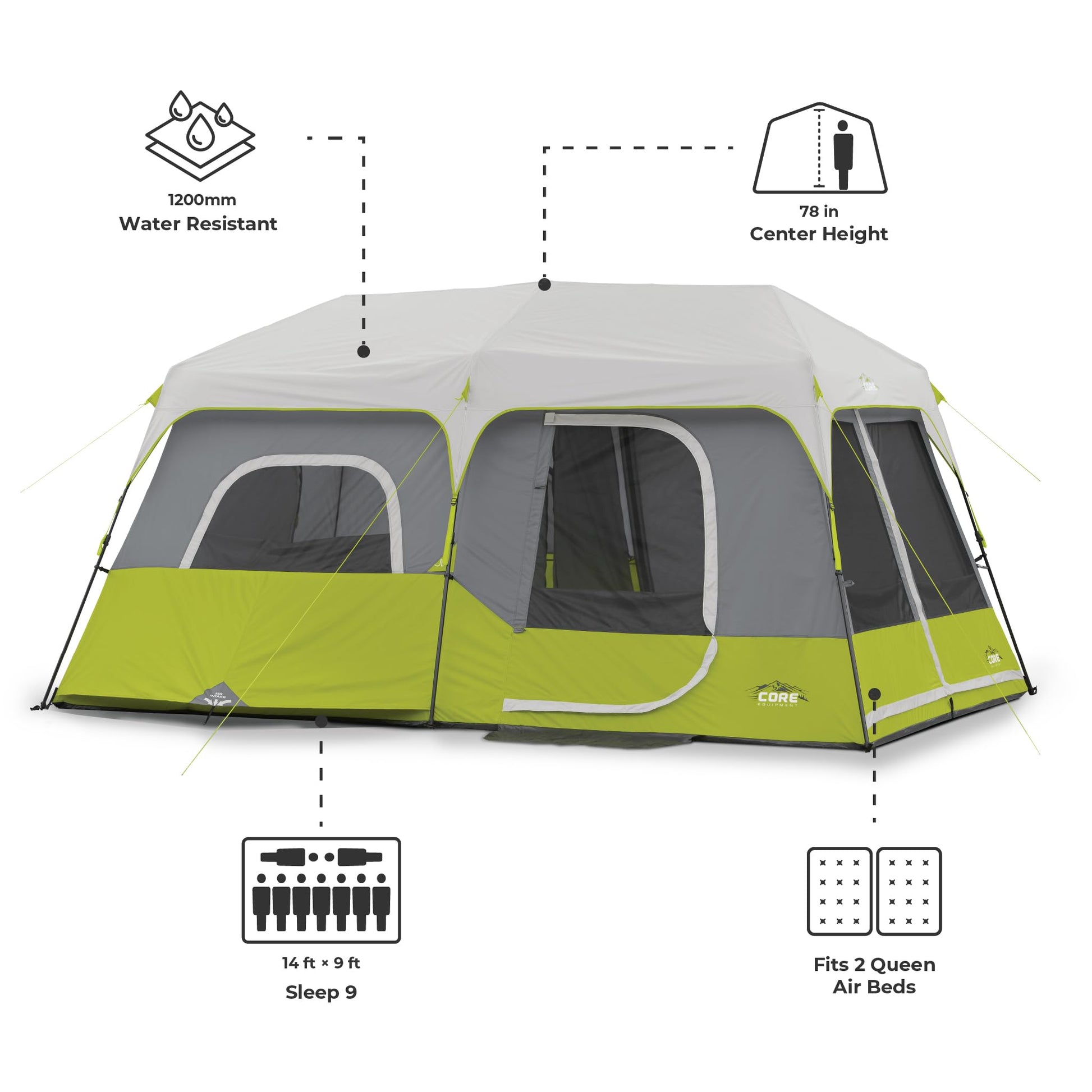 CORE 9 Person Instant Cabin Tent | Large Multi Room Family Pop Up Tent for 2 Minute Camp Setup |