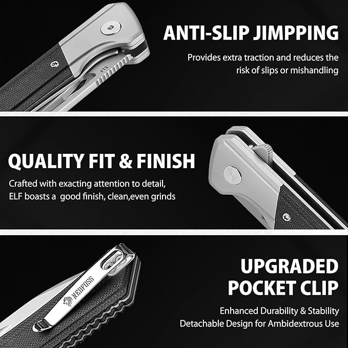 NedFoss ELF Pocket Knife, 3.3" D2 Blade EDC Knife with G10 Handle, Flipper Open, Deep Carry Pocket Clip, Lightweight Slim Utility Folding Knives for Men Women