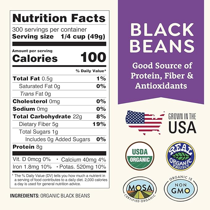 Organic Dried Black Beans 25 lb, Unsalted, Low-Sodium, Non-GMO, Farmed From Regenerative Soil, Tested Clean Certified ??Rich in Fiber & Protein ??Perfect for Soups, Burritos, Salads & Chili by Doudlah Farms