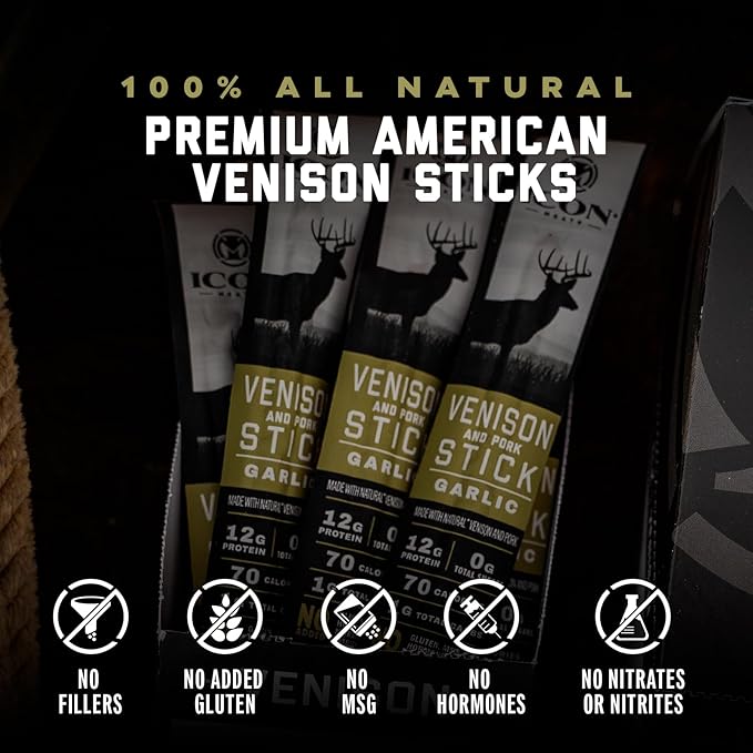 ICON Meats Venison and Pork Snack Sticks - Garlic Flavor - 24 Pack of Individually Wrapped Meat Sticks, USDA Approved, All Natural Artisan Meats, Diet Friendly, High Protein, Low Calorie, Sugar Free