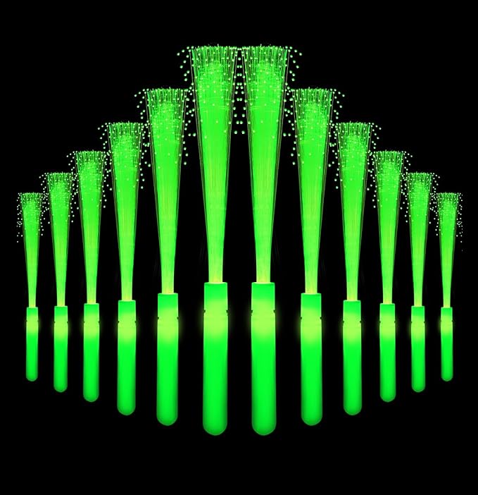12 Pack Green Glow Sticks Light Up Fiber Optic Stick Glow Wands Bulk with 3 Flashing Models for Christmas Saint Patrick's Day Easter Party Favors