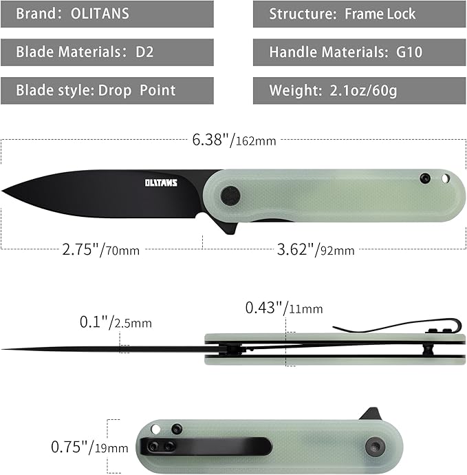 G040 Pocket Knife, 2.75'' D2 Steel Blade G10 handle, Small EDC Knife with Pocket Clip for Men Women, 2.1oz