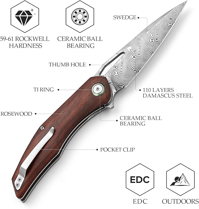 Folding Pocket Knife for Men With Clip, Front Flipper EDC Knife for Best Outdoor Camping Hiking Work Utility Knives,3.62''Damascus Steel Blade &Rosewood Handle &Ti Ring.Taurus-01r