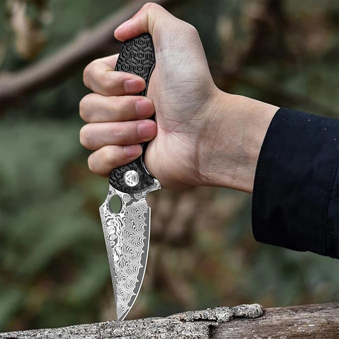 Pocket Knife for EDC Damascus Pocket Knife with Black Aluminum Handle 3.3" Damascus Blade Pocket knives & Folding Knives