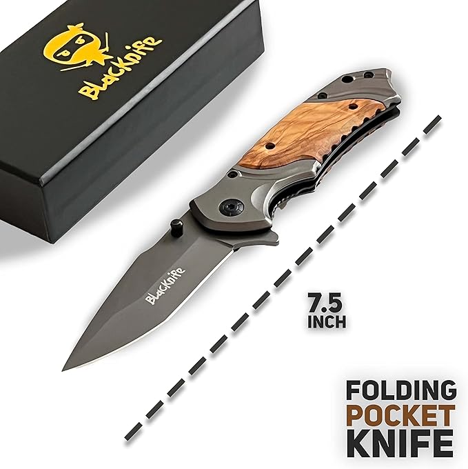 BlacKnife Pocket Knife For Men, Folding Pocket Knife with Wooden Handle and Clip – Ideal Knife for Camping, Hunting, DIY, (Happy Anniversary)