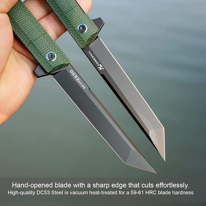 Flipper Pocket Folding Knife,DC53 Steel Blade and G10 Handle. With pocket clip and glass breaker,men's pocket knife hiking trip EDC tool Knife (Green Micarta Handle)