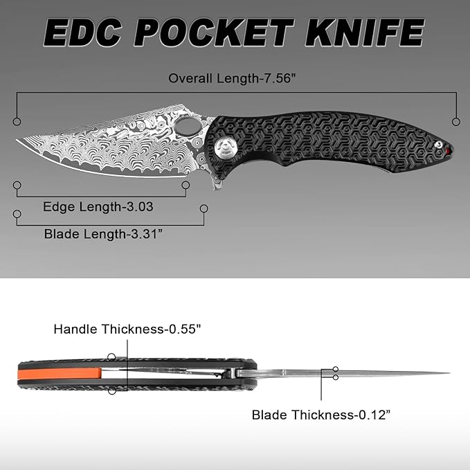 Pocket Knife for EDC Damascus Pocket Knife with Black Aluminum Handle 3.3" Damascus Blade Pocket knives & Folding Knives