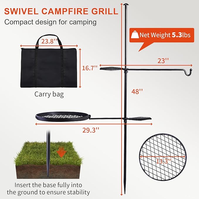 Outvita Swivel Campfire Grill, Open Fire Cooking Equipment for Camping with Height Adjustable Grill Grate and Hanger Rod and Carry Bag