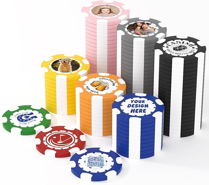 25 Custom Clay Poker Chips, 40mm Heavy 11.5g Casino Sized Personalized Poker Chips with Your Logo, Image or Text, Custom Drink Tokens for Bar, Party, Tournaments, Golf Club or Events