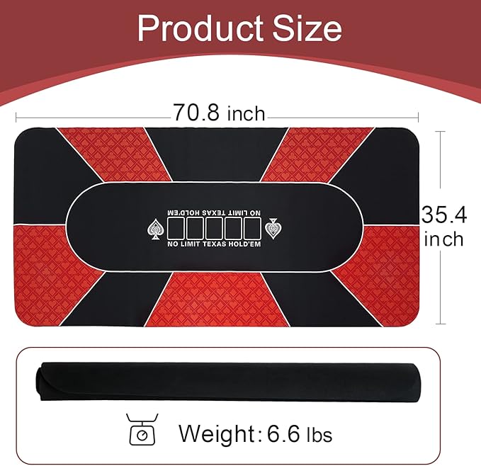 CONTINUE Poker Table Mat - 8-10 Player Texas Hold'em Poker Mat - Anti-Slip Rubber Table Top Layout with Carrying Bag - Black (Rectangle Red)