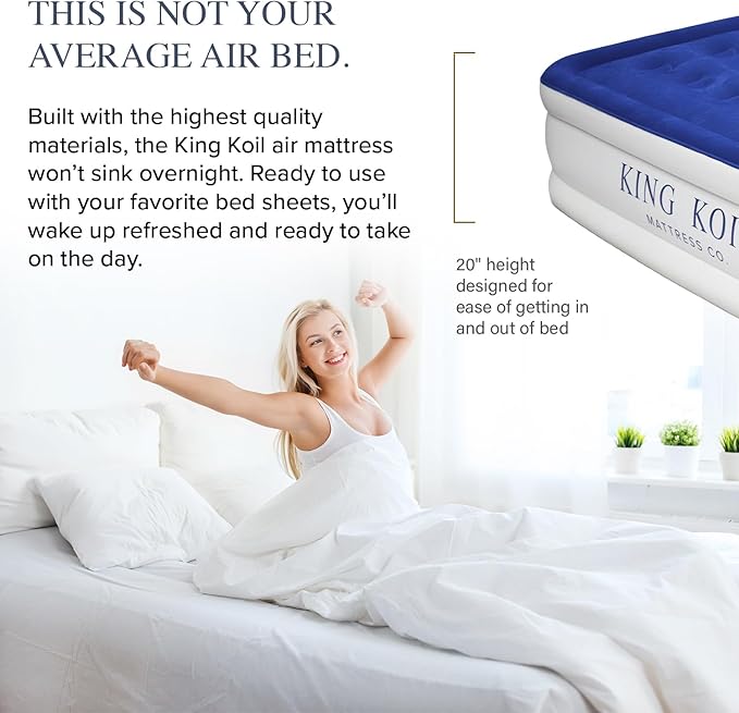 King Koil Luxury Full-Size Air Mattress with Built-In High-Speed Pump & Built-In Pillow Top, 20" Inflatable Double High Airbed for Home, Camping & Guest Comfort, Waterproof & Portable, 1-Year Warranty