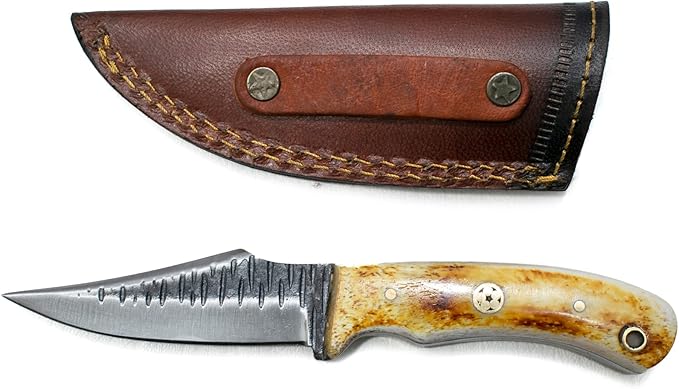 Titan International Knives Handmade Carbon 1080 Steel | Fixed Blade Color Coated Hand Pounded Hunting and Skinning Knife | Burnt Bone Handle Perfect for Hunting and Camping with Leather Sheath