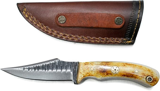Titan International Knives Handmade Carbon 1080 Steel | Fixed Blade Color Coated Hand Pounded Hunting and Skinning Knife | Burnt Bone Handle Perfect for Hunting and Camping with Leather Sheath
