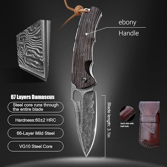 Folding Knife 3in Handmade VG 10 Damascus Steel Knife Pocket Knife, Leather Case, Ebony Handle, with Padded Lock, Suitable for Outdoor Camping Fishing and Carrying Knives