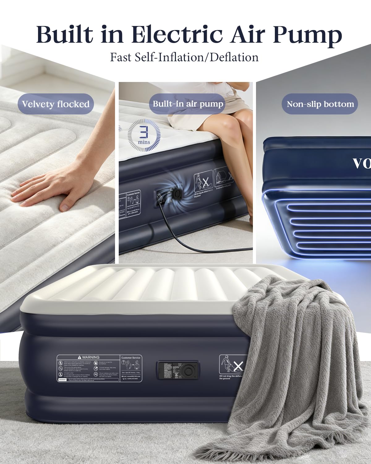 VOSSER Air Mattress Queen with Built-in Pump, Blow up Bed,18" Raised